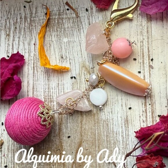 Pink quartz bag charms steel keychain - Picture 1 of 2